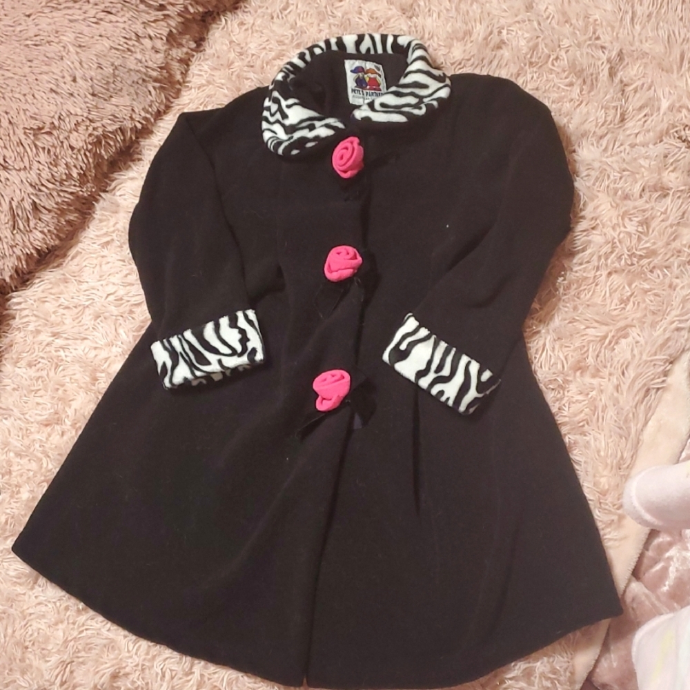 Kids Black Zebra-Trim Coat with Pink roses Accents Peacoat
